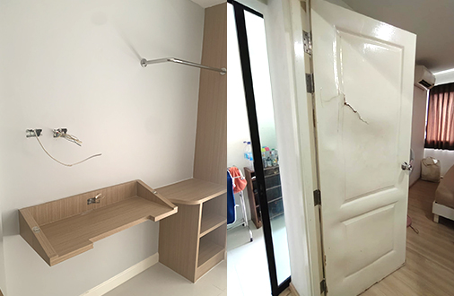 破損した家具や扉のある室内